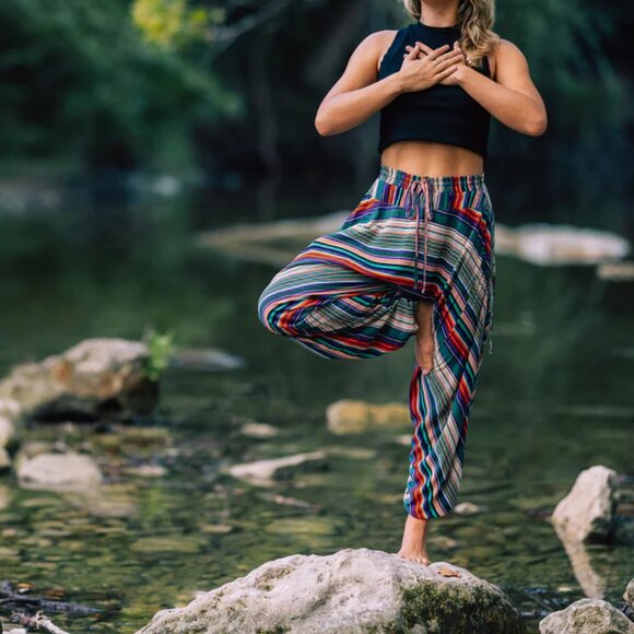 Buddha Pants Unisex Drawstring Boho Hippie Stripe Savannah Harem Pants Green - Picture 11 of 15